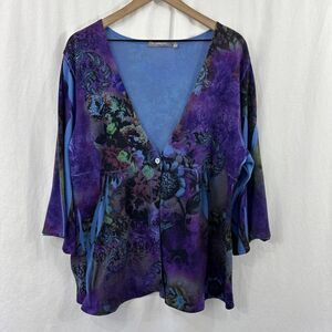 NY Collection Colorful Artsy Button Purple Cardigan Floral Whimsical Size 1X